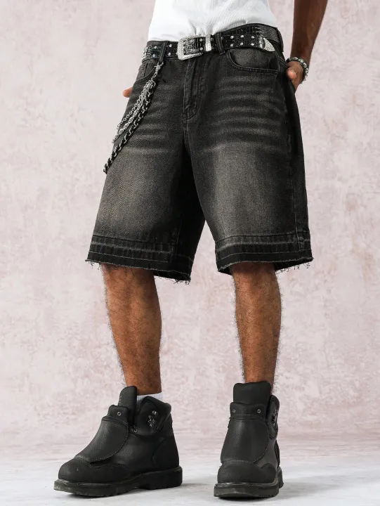 Men's%20Spring%20and%20Summer%20Street%20Fashion%20Casual%20Frayed-Hem%20Loose%20Wide-Leg%20Black%20Denim%20Shorts%20-%20Image%202