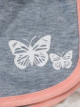 Summer Baby Girls 9-12M Pink Butterfly Print Short Sleeve T-Shirt & Gray Elastic Waist Shorts 2Pcs Set. 
