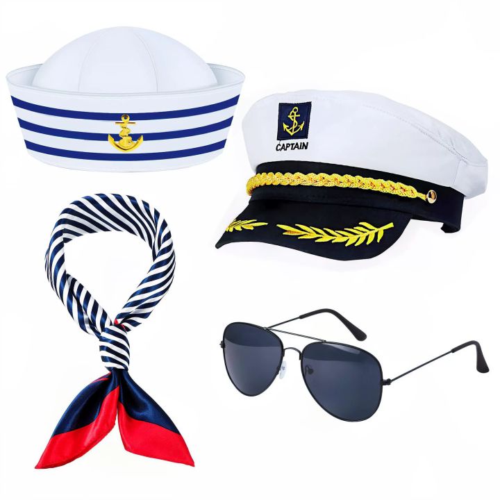 1pCS Set Yacht Captain Hat Sailor Ship Cap Scarf Sailor Hat Boat Costume for Men Women Captains Dressing up Party