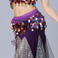 Purple Sequin Belly Dance Hip Scarf with Gold Coins, Shiny Fringe, Elastic Waistband – Perfect for Performances, Workouts, and D.