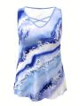 Plus Size Marble Print Tank Top Casual Criss Cross Sleeveless V Neck Top For Summer & Spring Women's Plus Size Clothing. 