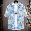 Summer loose vintage short sleeve men's shirt loose trend casual tie dye floral Hawaiian shirt Songkran. 
