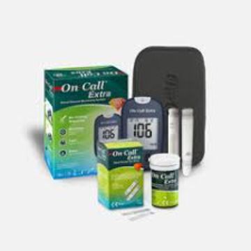 ON CALL EXTRA GLUCOMETER WITH 25 STRIPS + 10 FREE STRIPS + 25 LANCETS + 25 ALCOHAL SWABS