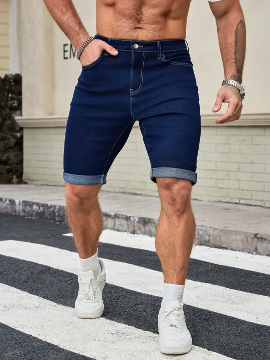 Men's%20Dark%20Blue%20Denim%20Shorts,%20Straight%20Fit%20Rolled%20Hem%20Jean%20Shorts%20-%20Image%204