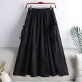 Khaki Solid Casual Elastic High Waist A-line Lace Up Women's Skirt Korean Fashion Mid-Calf Long Skirts For Women 2024 Spring. 