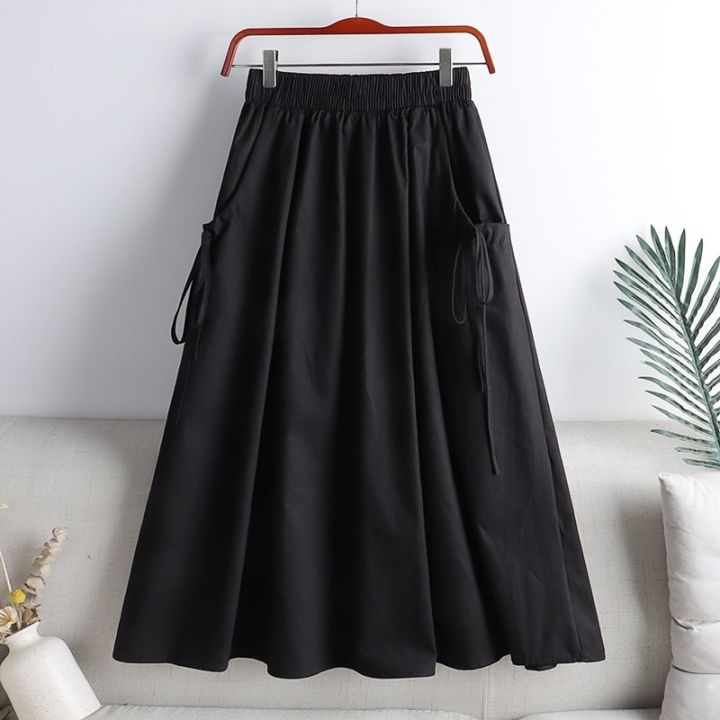 Khaki%20Solid%20Casual%20Elastic%20High%20Waist%20A-line%20Lace%20Up%20Women's%20Skirt%20Korean%20Fashion%20Mid-Calf%20Long%20Skirts%20For%20Women%202024%20Spring%20-%20Image%204