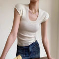 2026 Basic U-neck Solid Thin Summer Pullover Women Female Knitted Ribbed Sweater Slim Short Sleeve Bodycon T-Shirt. 