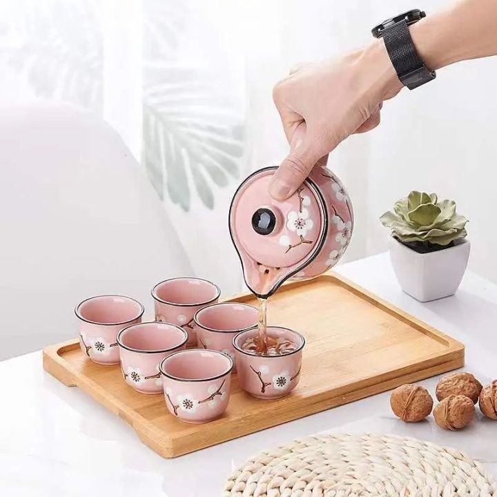 Teapot%20+%206%20Cup%20Set%20Dorm%20Office%20Tea%20Set%20Small%20Pink%20Flowers%20Painted%20-%20Image%202