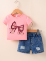 New Boys and Girls Short sleeved Pink T-shirt Round Neck Pullover+Denim shorts set. 