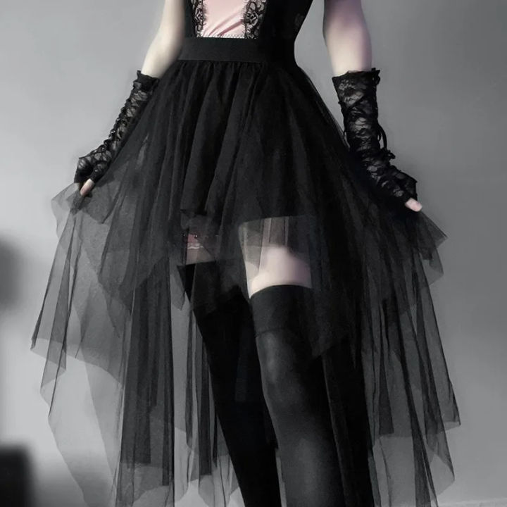 Casual Skirts Punk Net Yarn High-Waisted Irregular Skirt for Women Summer New European and American Gothic Style Versatile