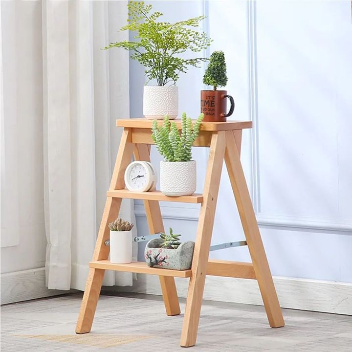 Step Chair Step Stool Folding Step Stool Wooden Counter Chair Portable Stepladder Stair Chair Home Library Anti-Slip Climbing Ladder Stool Bookshelf Flower Shelf, Natural Wood