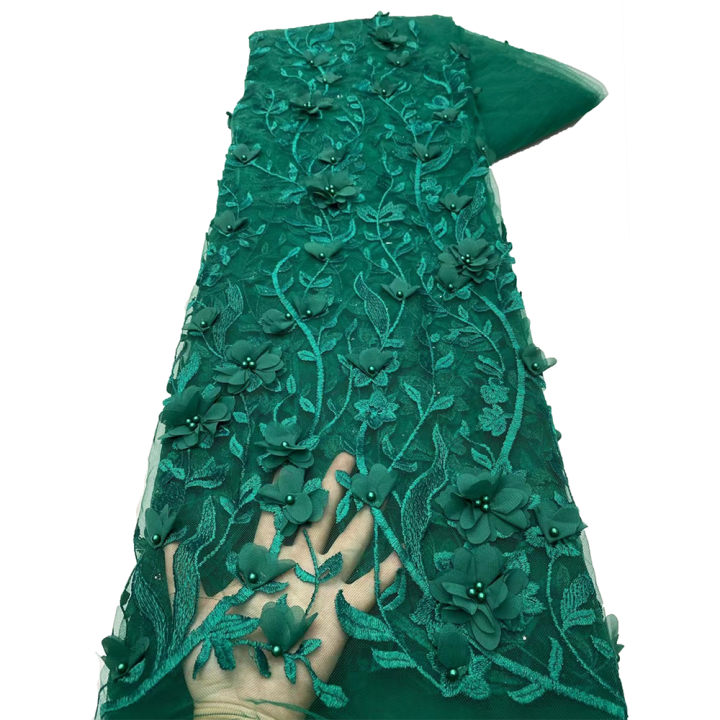 2025 Green 3d Lace Flower Embroidery Applique Fabric High Quality Flowers Lace Fabrics for African Bridal Tulle 5Yards