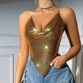 Women  Metal Sequined Tank Camis Summer Backless Glitter Beach Club Show Wear Tank Top Nightclub Party Chain Top. 