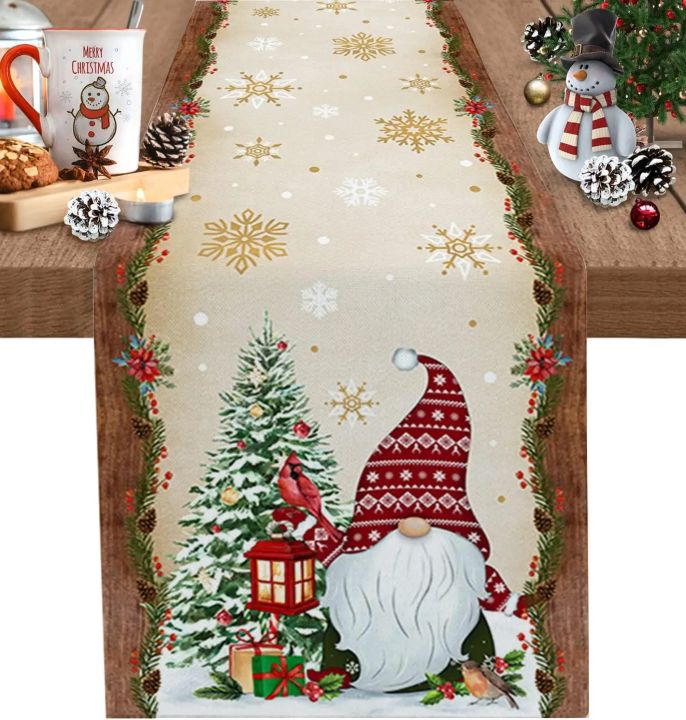 Christmas Tree Gnome Cardinal Golden Snowflake Linen Table Runner Dresser Scarf Winter Xmas