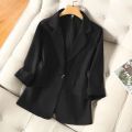 Blue Solid Casual Turn-Down Collar Single Button Three Quarter Sleeve Women's Jacket Suit Blazer Short Jackets Coat 2024 Fashion. 