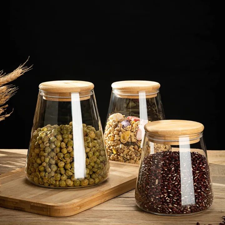 1- Piece  [ 550ml | 750ml | 950ml ] Borosilicate Glass Bottles with Wood Lid Kitchen Storage Glass Airtight Canister Jars Food Container Coffee Beans