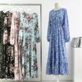 Spring Autumn Women Chiffon Dresses Casual Floral Printed Bark Crinkling Long Dresses O-neck Long Sleeve Loose Muslim Maxi Dress.