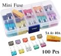 MC shop mini fuse with long legs (set of 1 box boxset = 100 pieces), total size (7 sizes 5,7.5,10,15,20,25,30 amp) mini fuse auto fuse Class A. 
