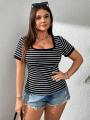 Hot Sale Leisure Striped Versatile Comfortable F-Neck Plus Size Women's T-Shirt.
