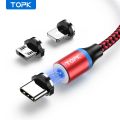 Magnetic Charging Cable 3 IN 1 TOPK 360 Rotation Magnetic Phone Charger Cable with LED Light for Micro USB Type C Cable. 