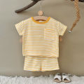 Summer Baby New Set Blue White Stripes Simple Comfortable Short Sleeves+Loose Sports Beach Shorts Boys Girls Clothing. 