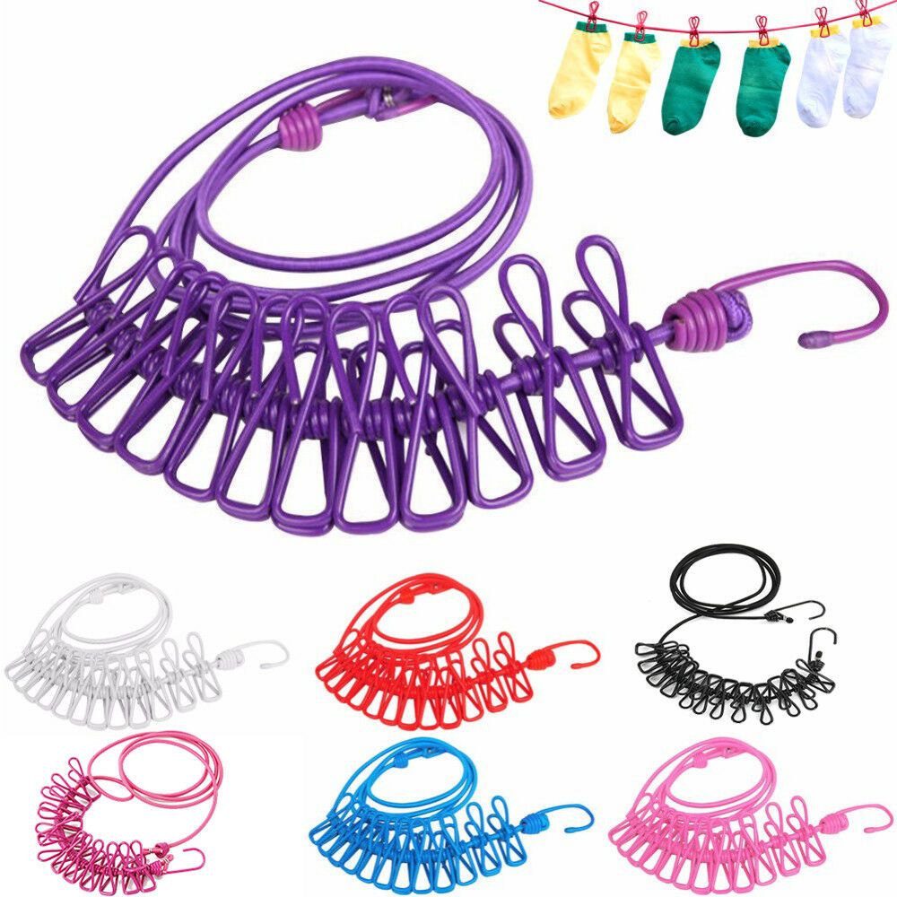 Portable Elastic Travel Clothes Rack – Windproof Outdoor Clothesline with 12 Clips | Multicolor