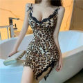 Lace Trim Leopard Nightdress V Neck Backless Side Split Slip Sleep Dress Women's Sleepwear Dresses. 