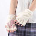 New Kawaii Women Warm Cat Gloves Fashion Girls Cat Claw Paw Plush Mittens Soft Plush Short Fingerless Half Finger Winter Gloves. 