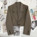 Black Cropped Blazers Woman Trend 2024 New All-match Notched Collar Crop Jacket Women Korean Chic Single Button Suit Coat. 