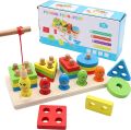 Wooden Stacking Toys, Shape Sorting Board & Wooden Toddler Fishing Toys, Shape Color Recognition Blocks Matching Puzzle Preschool Learning Toys for Kids Boys & Girls. 