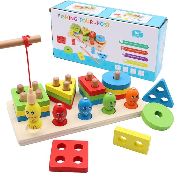 Wooden Stacking Toys, Shape Sorting Board & Wooden Toddler Fishing Toys, Shape Color Recognition Blocks Matching Puzzle Preschool Learning Toys for Kids Boys & Girls