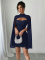 Women's Stand Collar Cape Mini Dress Sequins Sparkling Club Party Night Out Fitted Bodycon Elegant Autumn Winter.