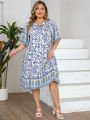 Plus Size Women's Blue White Floral Print Dress Tie Half Sleeve Boho Style Loose Casual Midi Dress. 