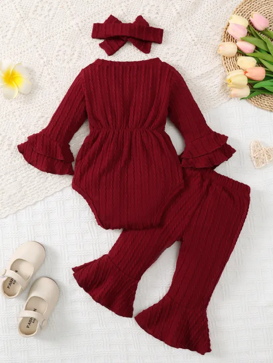 Baby%20girl%20autumn%20and%20winter%20casual%20fashion%20texture%20fabric%20round%20neck%20double-layer%20flared%20sleeves%20bow%20bow%20front%20jumpsuit%20and%20flar%20-%20Image%202