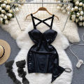 Women Halter Neck Backless Mini Dress V-Neck Contrast Color Lace Patchwork Hollow Dress Nurse Cosplay Uniform Lingerie.