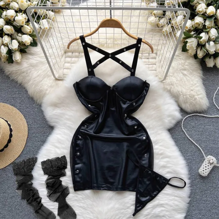 Women%20Halter%20Neck%20Backless%20Mini%20Dress%20V-Neck%20Contrast%20Color%20Lace%20Patchwork%20Hollow%20Dress%20%20Nurse%20Cosplay%20Uniform%20%20Lingerie%20-%20Image%202