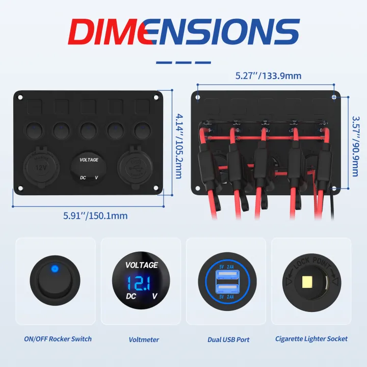 DaierTek%205%20Gang%20Boat%20Switch%20Panel%20Waterproof%20Car%20Switch%20Panel%202.4A%20Dual%20USB%20Port%2012V%20Outlet%20Digital%20Voltmeter%20Blue%20LED%20For%20Auto%20-%20Image%202
