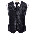 Hi-Tie Black Men Vest Paisley Jacquard Necktie Hankerchief Cufflinks Sets Male Sleeveless V-Neck Waistcoat Business Formal.