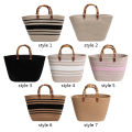 Ladies Woven Tote Bamboo Handle Women Weaving Bag Large Capacity Striped Portable Casual Fashion Exquisite for Seaside Party. 
