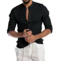Cotton Linen Hot Sale Men's Long-Sleeved Shirts Summer Solid Color  Stand-Up Collar Casual Beach Style Plus Size. 