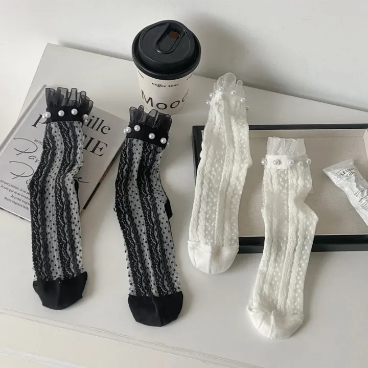 2%20pairs%20Fashionable%20versatile%20Women's%20Socks%20Thin%20Solid%20Color%20Lace%20Frilly%20Socks%20minimalist%20Breathable%20women%20Transparent%20Socks%20-%20Image%202