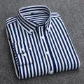 Mens Dress Shirts Striped Long Sleeve Plaid Checked Shirt Smart Casual Business Non-Ironing Korean Slim Fit Formal Blue White. 