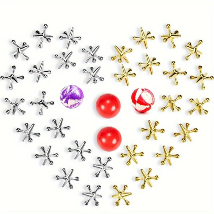 Classic Mini Metal Jack Game Set With Bouncy Ball - Perfect For Family Fun, Party Favors & | Zinc Alloy, Ages 14+