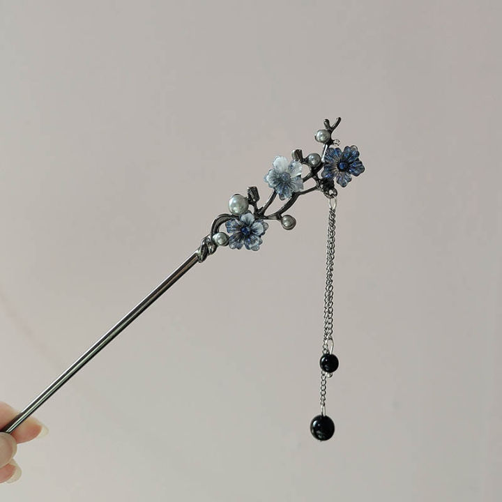 Classic Hair Stick Chopsticks Ink Color Flower Metal Fringe Hairpin For Women Pearl Black Beads Cheongsam Hair Bun Jewelry s