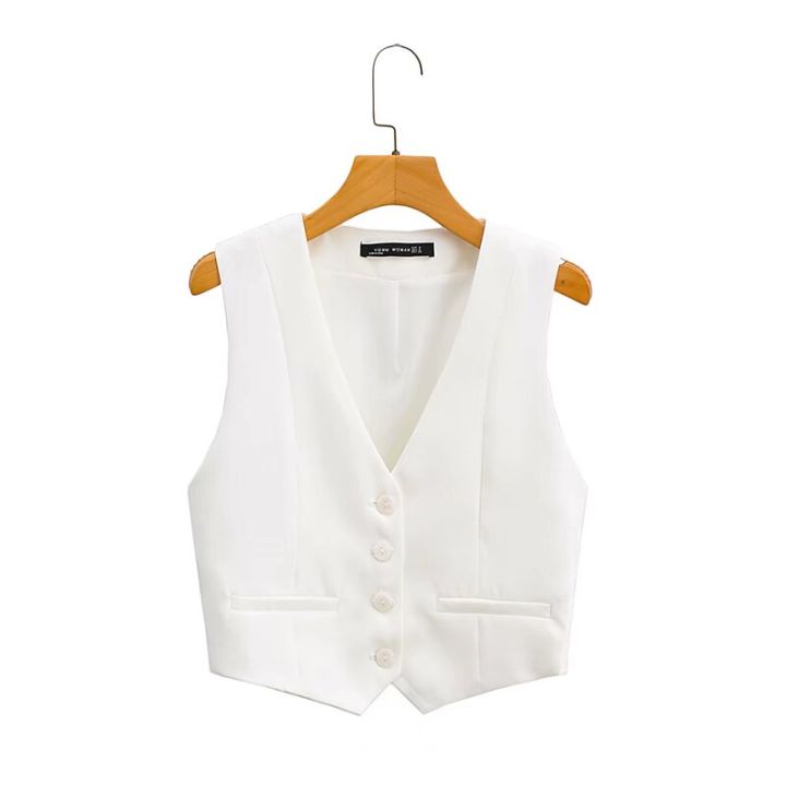 Zevity Women Fashion V Neck Single Breasted Short Vest Office Lady Sleeveless Chic White Suit Business Slim Waistcoat Tops CT556