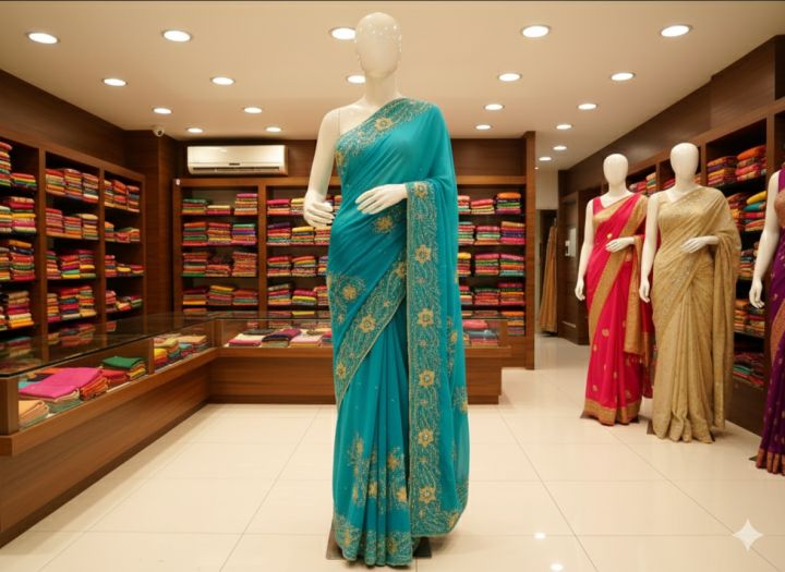 Sky Blue Floral Georgette Saree - Elegance in 12 Hat Length - Bohor-45 Inches - Including Blouse Piece