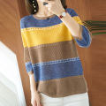 Women knitted Three Quarter Sleeve Sweater Female Striped Thin Hollow Out O-neck Pullover Ladies Loose Streetwear Tops.