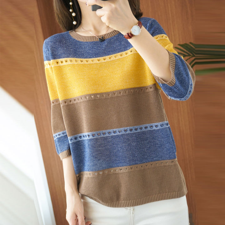 Women knitted Three Quarter Sleeve Sweater Female Striped Thin Hollow Out O-neck Pullover Ladies Loose Streetwear Tops