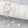 6PCS/Set Women's Quartz Watch Fashion Arabic Dial Leather Band Quartz Watch Jewelry Set（Without Box）. 