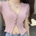 Ruffled Rib Knit Cardigan Short Sleeve Crop Top Y2K 90s Button-up Fitted Shirt Women Teen-girl Spring Summer 2026. 